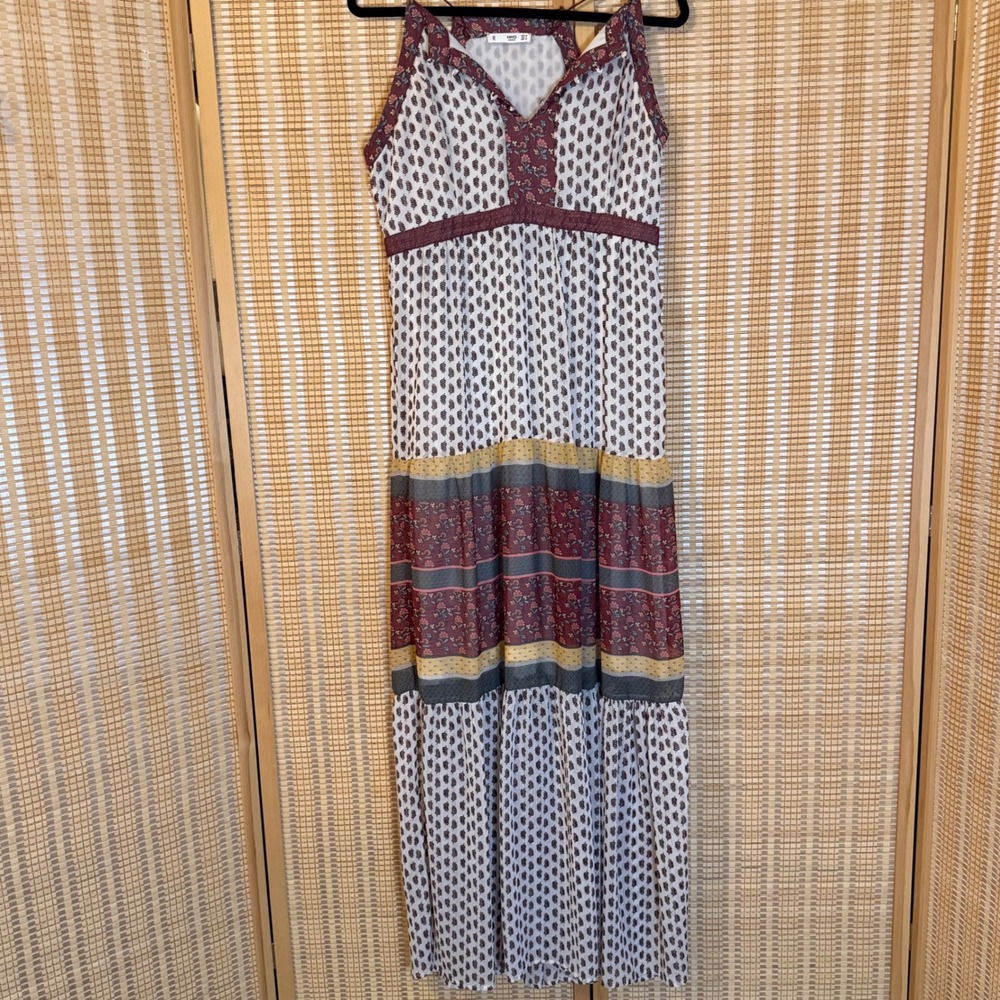 Mango‎ MNG Womens Boho Tiered Floral Mixed Print Maxi Dress Sleeveless V-Neck L